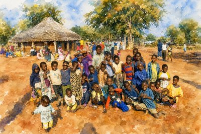 a group of people standing next to each other on a dirt field