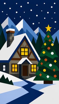 a snow-covered cottage with warm glowing windows beside a decorated pine tree, gentle snowfall, no text