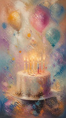a birthday cake with lit candles surrounded by balloons and confetti, festive vertical composition, no text