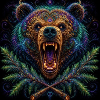 a roaring bear head above crossed pine branches, bold graphic composition on a plain background, no text