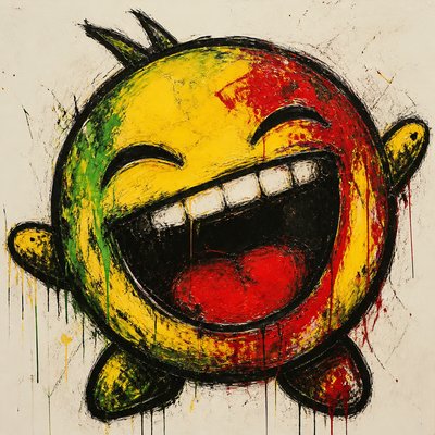an exaggerated laughing face of an original round mascot character, bold and readable at small size, plain background, no text