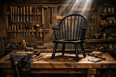 An interior scene, walking into an old woodworker's shop.  The shop is orderly and neat, but well-used.  I see a workbench in front of me with a woodworker's vise mounted on it.  Several chisels, screwdrivers, mallets, claw hammers, and other such tools are hanging on the wall behind the bench.  A very nice black Windsor Chair is positioned on the bench ready for the seat to be repaired. Ambient light is low, and beams of light are streaming in from a source above, with motes of dust floating around in them.  Everything is ready for work.