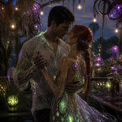 an original couple dancing under string lights in a garden at dusk: a man with short black hair in a linen shirt and a woman with braided red hair in a summer dress