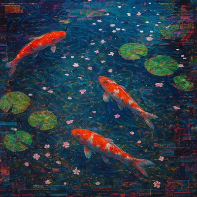 A koi pond seen from above, orange and white koi fish swimming among lily pads, clear water with subtle ripples, fallen cherry blossom petals floating on the surface, dappled sunlight