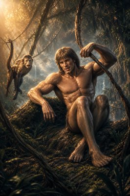 a painting of a man sitting in the woods