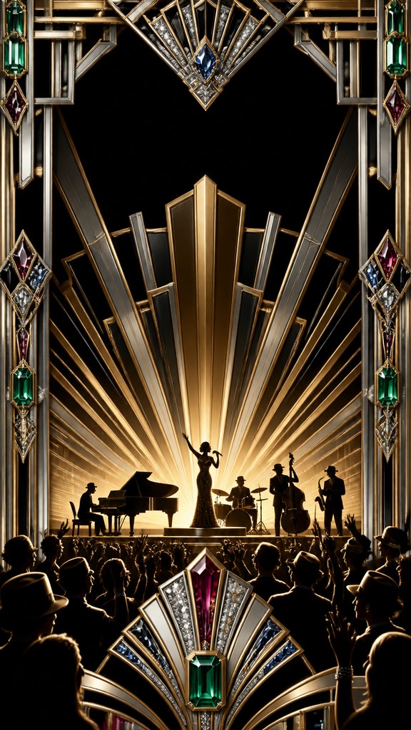 a live music scene with a glowing stage and silhouetted crowd, energetic vertical composition with open space at the top, no text