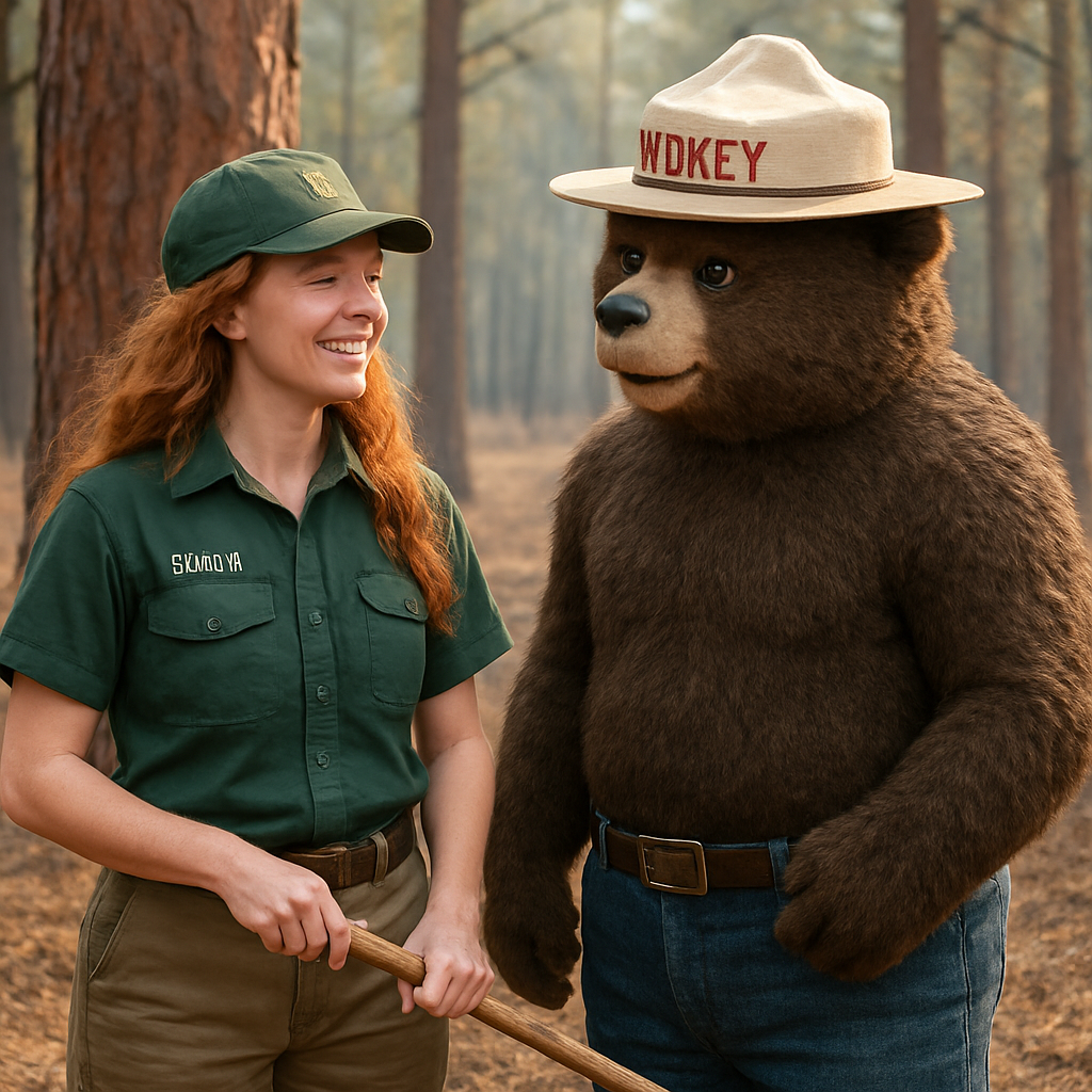 A highly detailed photograph of a cheerful female Camp Host with long, flowing red hair, wearing a forest green uniform shirt and khaki pants. She is standing in the San Juan National Forest and is holding a wooden rake. She is engaged in a friendly conversation with Smokey the Bear. The forest setting features large Ponderosa pine trees with orange bark and the ground is covered in a layer of pine needles and raked debris, illustrating fire prevention efforts. The lighting is soft, natural daylight filtering through the trees, giving a warm and encouraging tone. Focus on realistic texture for the uniform, hair, and pine needles.