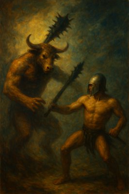 a painting of a man with a horned head holding a sword