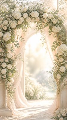 an arch of white roses and eucalyptus in soft morning light, elegant vertical composition with open space, no text