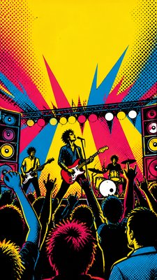 a live music scene with a glowing stage and silhouetted crowd, energetic vertical composition with open space at the top, no text