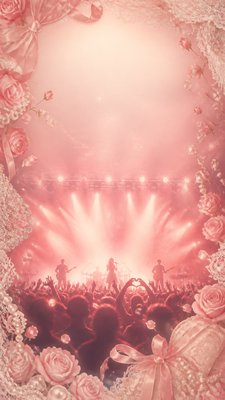 a live music scene with a glowing stage and silhouetted crowd, energetic vertical composition with open space at the top, no text