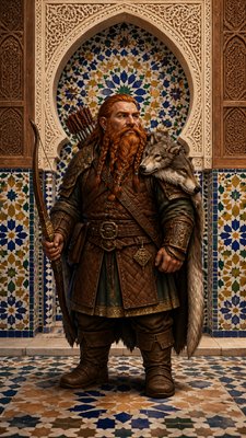 full-body original character: a dwarven ranger with a braided auburn beard, worn leather armor, a longbow and a wolf-pelt cloak, neutral background, no text