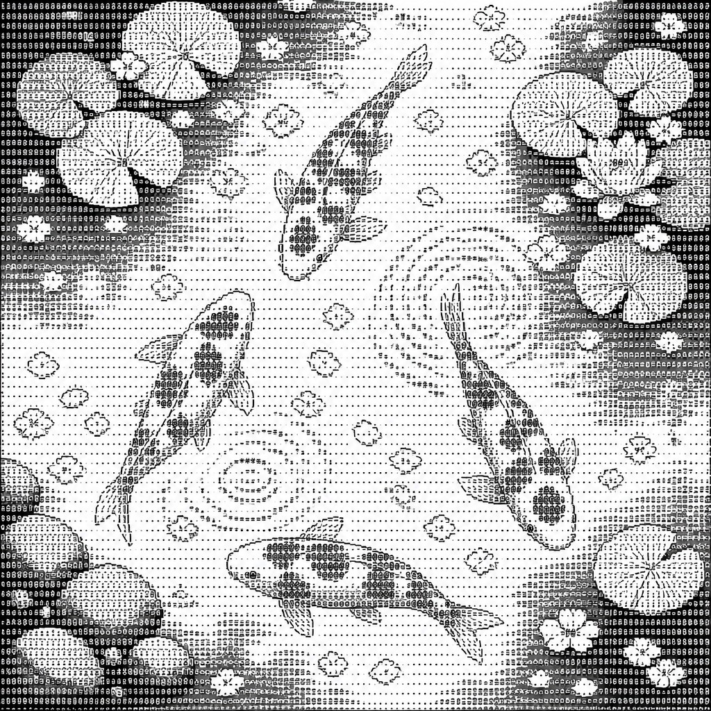 A koi pond seen from above, orange and white koi fish swimming among lily pads, clear water with subtle ripples, fallen cherry blossom petals floating on the surface, dappled sunlight