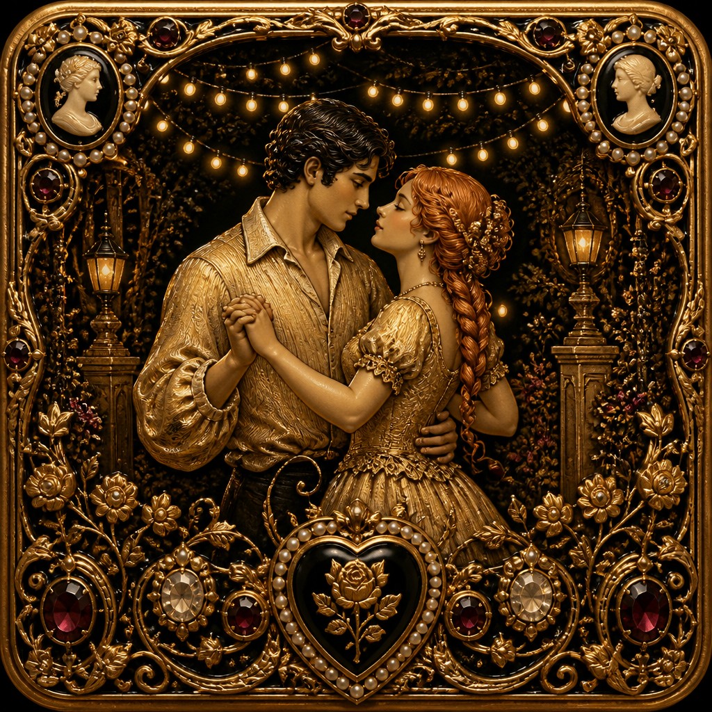 an original couple dancing under string lights in a garden at dusk: a man with short black hair in a linen shirt and a woman with braided red hair in a summer dress