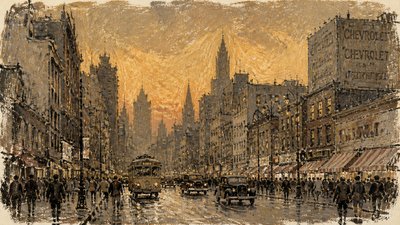 bustling city street panorama at dusk