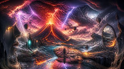 an erupting volcano with lightning strikes, dramatic wide composition, no text