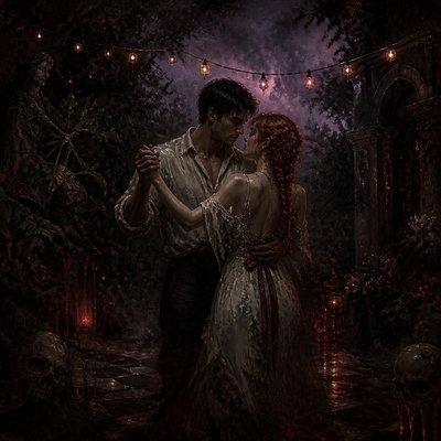 an original couple dancing under string lights in a garden at dusk: a man with short black hair in a linen shirt and a woman with braided red hair in a summer dress