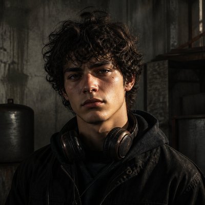 head-and-shoulders portrait of an original character: a young man with curly dark hair and headphones around his neck, plain backdrop, no text