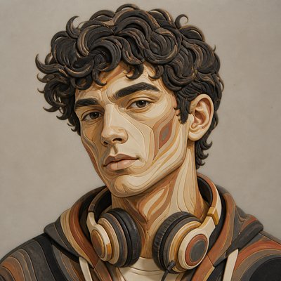 head-and-shoulders portrait of an original character: a young man with curly dark hair and headphones around his neck, plain backdrop, no text