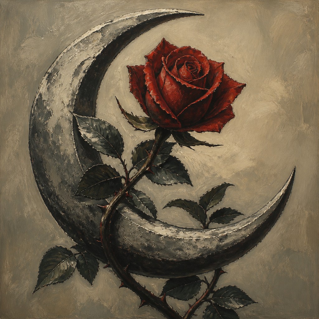 a rose entwined with a crescent moon, clean balanced composition on a plain background, no text