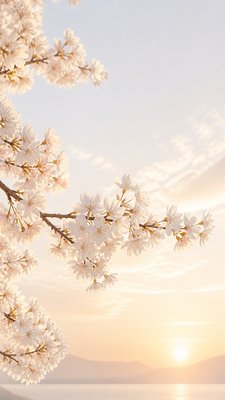 cherry blossom branches against a soft dawn sky, no people