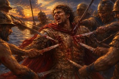 a painting of a roman soldier holding two swords