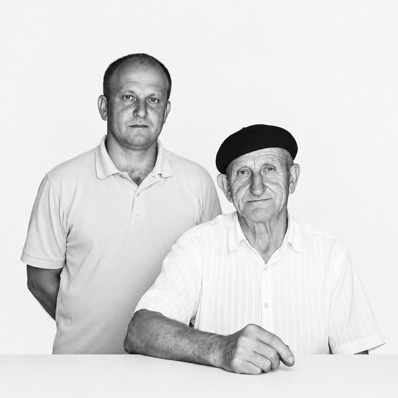 a black and white photo of two men