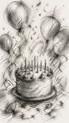 a birthday cake with lit candles surrounded by balloons and confetti, festive vertical composition, no text