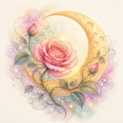 a rose entwined with a crescent moon, clean balanced composition on a plain background, no text