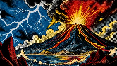 an erupting volcano with lightning strikes, dramatic wide composition, no text