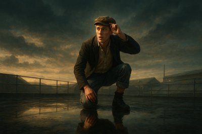 a painting of a man kneeling on a wet ground