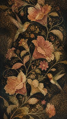 a climbing vine of flowers and hummingbirds on a dark background, tall wrapping composition, no text