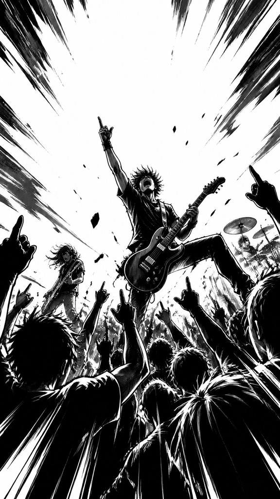 a live music scene with a glowing stage and silhouetted crowd, energetic vertical composition with open space at the top, no text