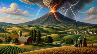 an erupting volcano with lightning strikes, dramatic wide composition, no text