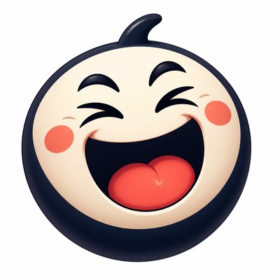 an exaggerated laughing face of an original round mascot character, bold and readable at small size, plain background, no text