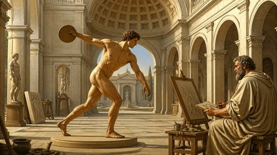 side view of an ignudi athlete holding a discus poses for a Renaissance sculptor 