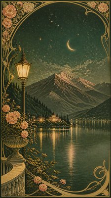 a tranquil mountain lake beneath a starry night sky, no people, no text
