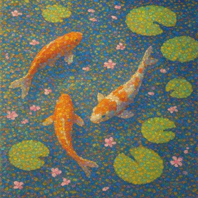 A koi pond seen from above, orange and white koi fish swimming among lily pads, clear water with subtle ripples, fallen cherry blossom petals floating on the surface, dappled sunlight