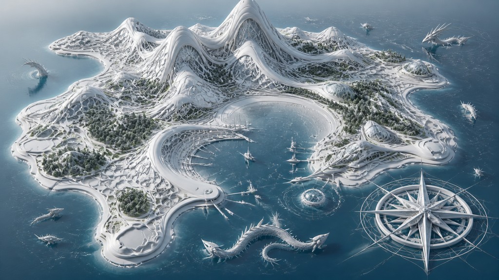 a map of an island realm with mountains, forests, a sheltered bay, sea monsters in the water and a compass rose, no text labels