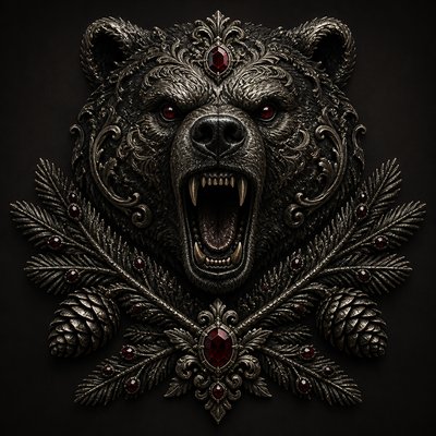 a roaring bear head above crossed pine branches, bold graphic composition on a plain background, no text