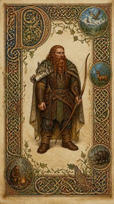 full-body original character: a dwarven ranger with a braided auburn beard, worn leather armor, a longbow and a wolf-pelt cloak, neutral background, no text