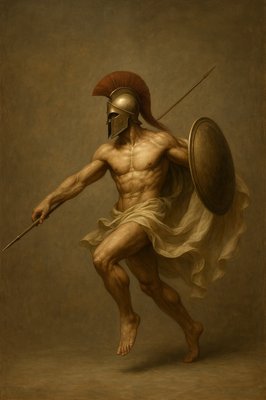 a painting of a man with a helmet and sword