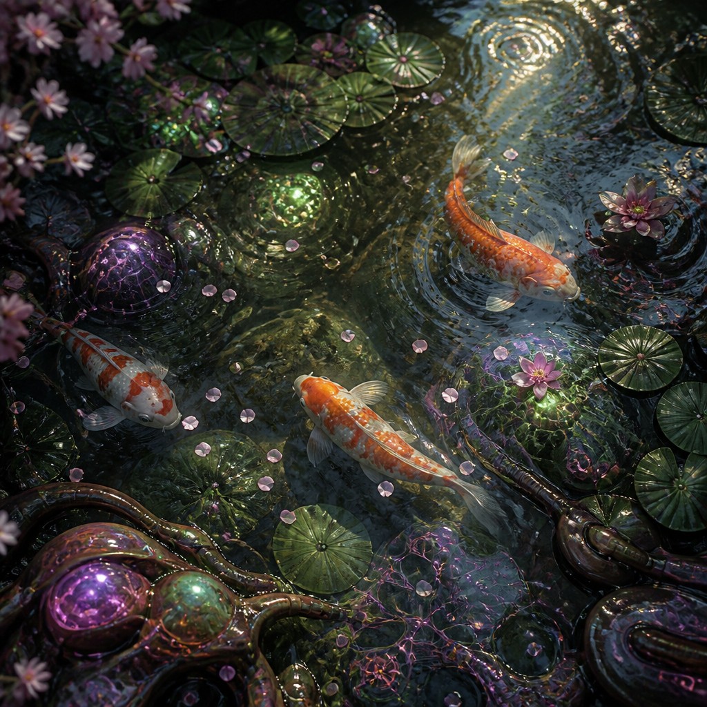 A koi pond seen from above, orange and white koi fish swimming among lily pads, clear water with subtle ripples, fallen cherry blossom petals floating on the surface, dappled sunlight