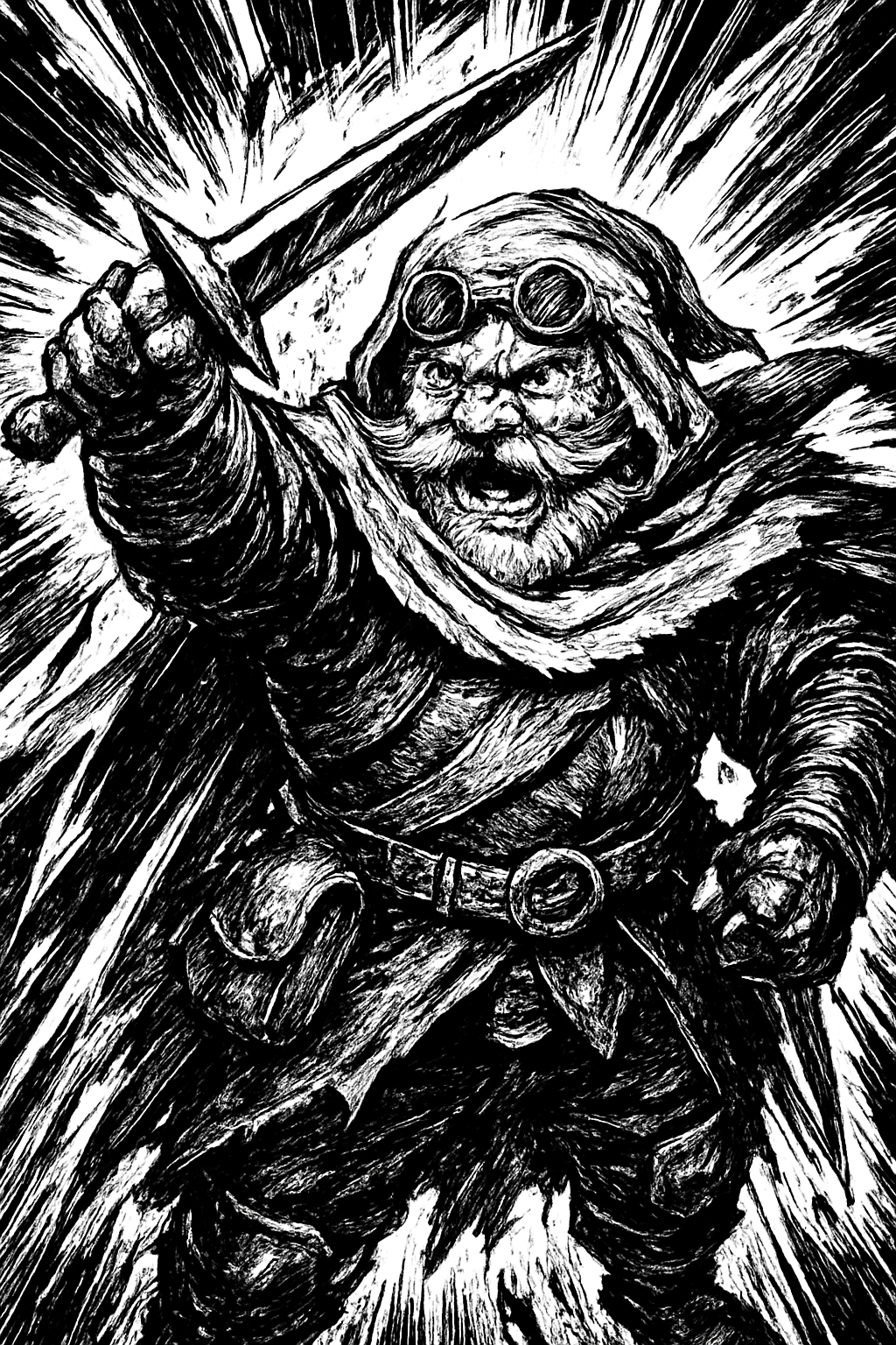 a black and white drawing of a man with a sword