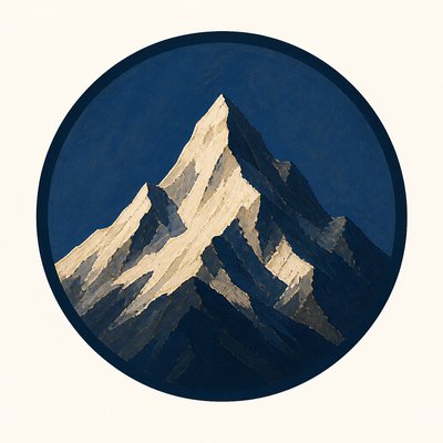 an emblem of a mountain peak inside a circle, simple bold shapes on a plain background, no text or lettering