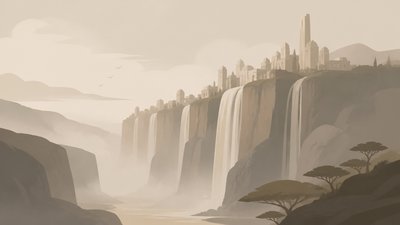 a cliffside city with waterfalls cascading into a misty canyon, wide establishing shot, no people, no text