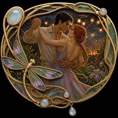 an original couple dancing under string lights in a garden at dusk: a man with short black hair in a linen shirt and a woman with braided red hair in a summer dress
