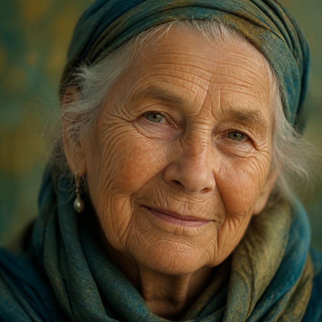 close-up portrait of an elderly person with expressive weathered features — Color Harmony Art Style