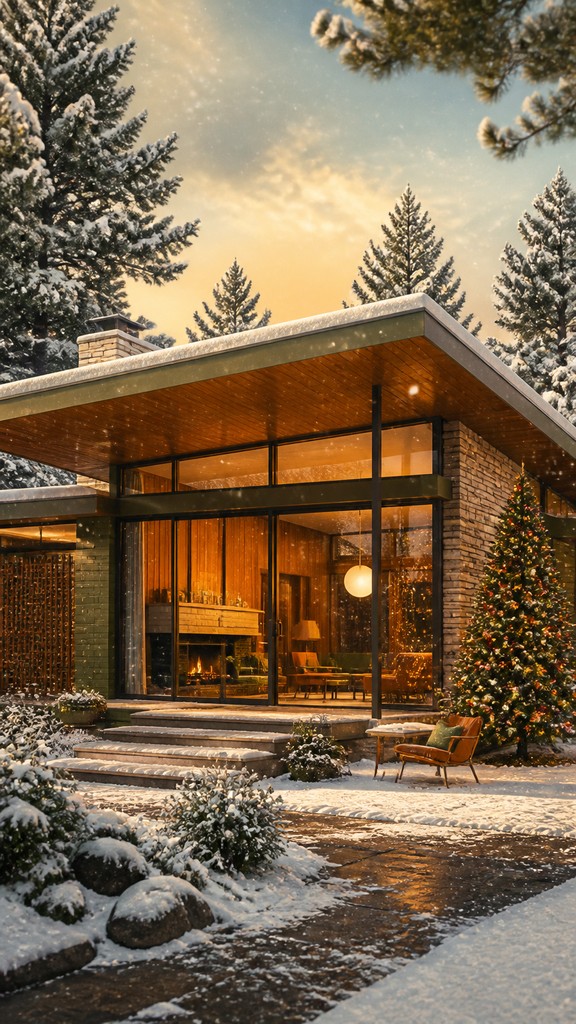 a snow-covered cottage with warm glowing windows beside a decorated pine tree, gentle snowfall, no text