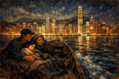 Mr. Chen has arranged for the little family  to cross secretly into Hong Kong—a place known for its bright skyline and bustling streets. Under the cover of darkness and with careful planning, Siu Zi, her father and Grandmother, along with Mr. Chen have boarded a small boat that carries them silently across the water. The sea is calm, its surface reflecting a tapestry of starlight, as if the heavens themselves are guiding them.  Siu-Zi lies nestled between her father and grandmother, wrapped up in blankets, in the forward part of an open boat with quiet motors propelling them along. Their is an air of mystery and tension.

